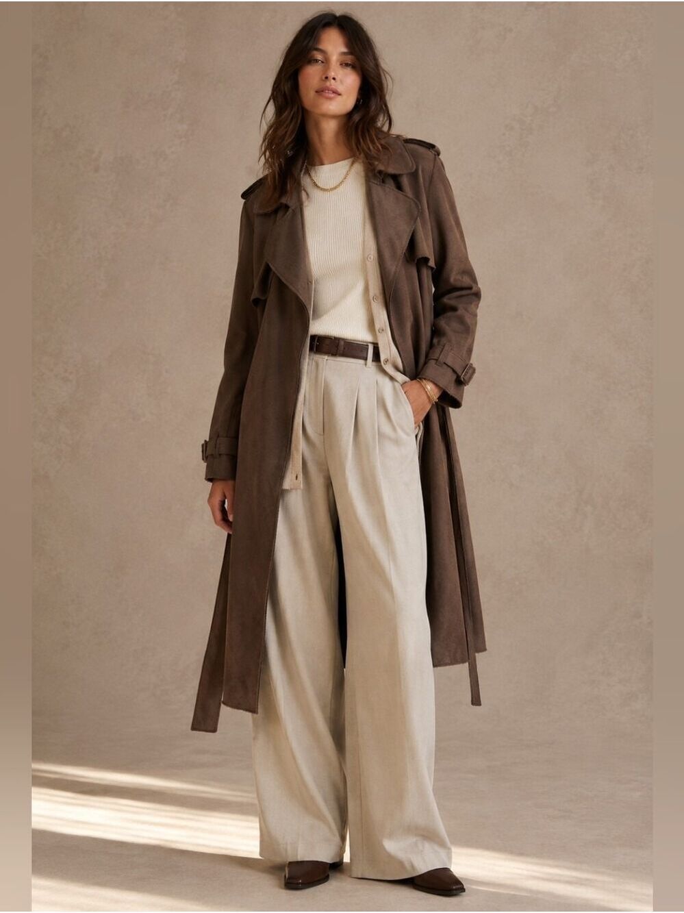 PHILOSOPHY CHOCOLATE BROWN FAUX SUEDE OPEN FRONT TRENCH COAT LARGE LIKE NEW!